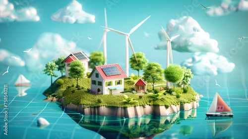 Renewable energy theme with wind turbines and solar panels