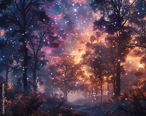 Galaxy forest, home to cosmic wolves, where starlight filters through trees, picture quality