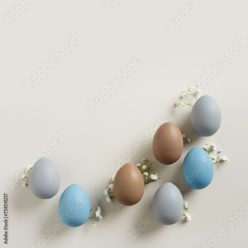 Pastel Easter Eggs as minimal pattern with white blooming Flowers on beige color, top view colorful chicken egg. Easter celebration concept. Festive food, still life holiday, aesthetic flat lay