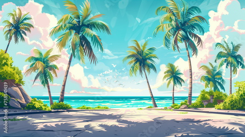 A high-quality illustration of a row of palm trees along a tropical beach  under a clear sky. Copy space.