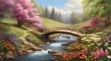 A quaint wooden bridge crossing a babbling brook in full bloom in spring 