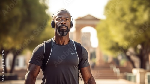 Smiling middle aged adult african american man walking in the park wearing headphones