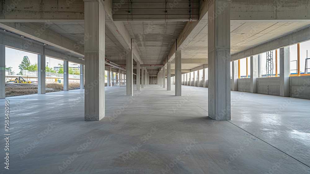 Spacious modern construction site with concrete pillars and beams Spacious modern construction site with concrete pillars and beams