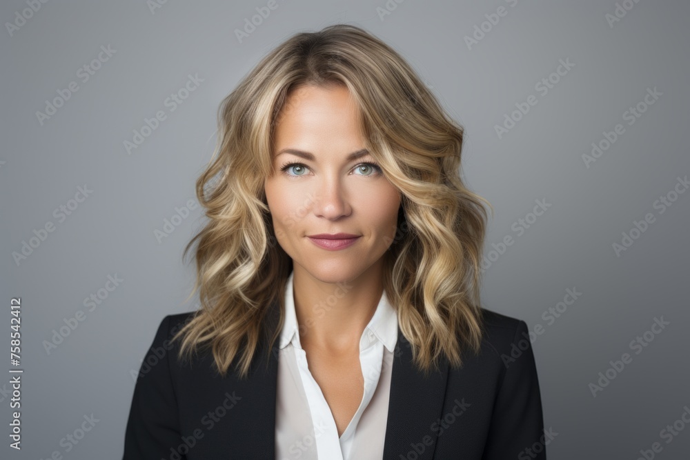 Portrait of a beautiful business woman in black suit, over grey background Portrait of a beautiful business woman in black suit, over grey background