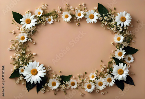 Frame made of chamomiles petals leaves on beige background. Flat lay top view floral background. stock photoFlower Backgrounds Daisy Springtime Top - Garment photo