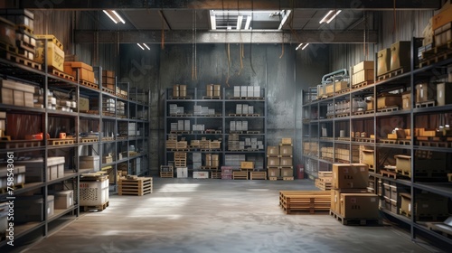 Warehouse with shelves, pallets and boxes