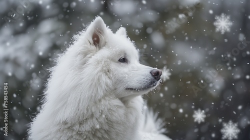 Glorious fur spectacle—a white Samoyed, snowflakes on its coat, gazes into the distance. HD lens unveils canine enchantment.