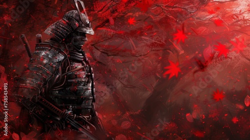 a epic samurai with a weapon sword standing in a red japanese forest. asian culture. pc desktop wallpaper background 16:9 photo