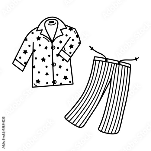 Pajamas vector icon. Soft comfortable night cardigan with stars, long sleeves. Striped cotton pants with drawstrings. Nightwear for sleep, slumber party, dreaming. Hand drawn doodle isolated on white