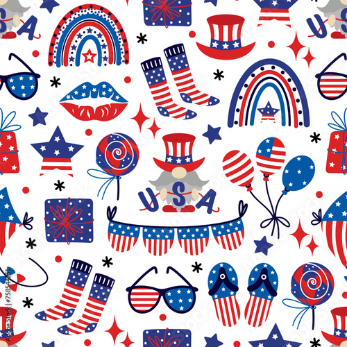 American Independence Day, seamless vector pattern. 4th of July celebration-a gnome in a hat, balloons, stars, a rainbow in the colors of the USA flag. Traditional national event, patriotic background