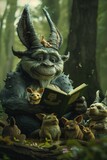 A giant reading a bedtime story to a group of enchanted forest creatures.