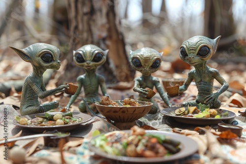 A group of aliens having a picnic on Earth trying different international cuisines for the first time.