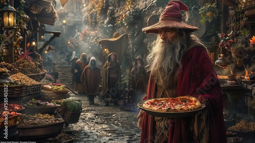 A wizard using magic to bake pizzas in a medieval stone oven surrounded by mythical creatures waiting to eat.