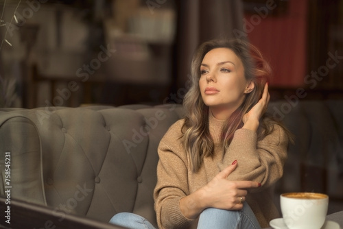 A woman sits by the window, lost in thought, the soft light illuminating her contemplative mood and a cup of coffee nearby.
