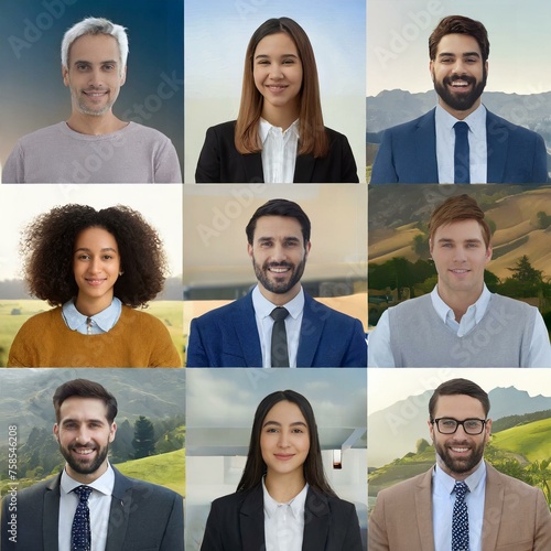 Collage portrait of different people from all genders and ages, including all ethnic, racial, and geographic types of people in the world during online webinar. 