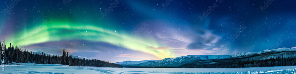 Vibrant colors of the Aurora Borealis dancing over a snowy landscape. Banner, copy space.