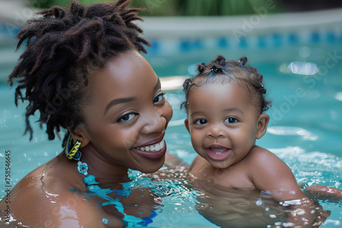 African American mother and baby playing together in swimming pool © lermont51