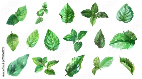 Set of fresh mint leaves on white background photo