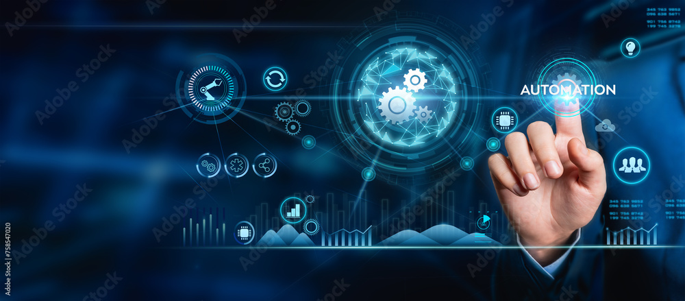 Automation concept, Manager engineer touching the Automation icon on a machine on modern virtual interface data in real time in an intelligent factory, Manufacturing industrial digital. Automation concept, Manager engineer touching the Automation icon on a machine on modern virtual interface data in real time in an intelligent factory, Manufacturing industrial digital.