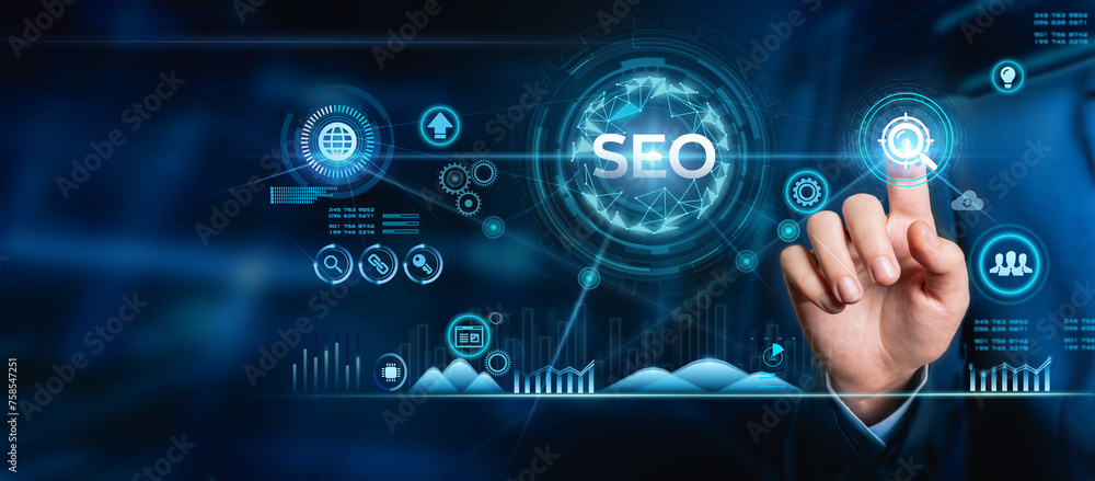 SEO (search Engine optimization) Marketing concept. Businessman touches the word SEO in his hand and searches for network connections. Digital online marketing Business technology. SEO (search Engine optimization) Marketing concept. Businessman touches the word SEO in his hand and searches for network connections. Digital online marketing Business technology.
