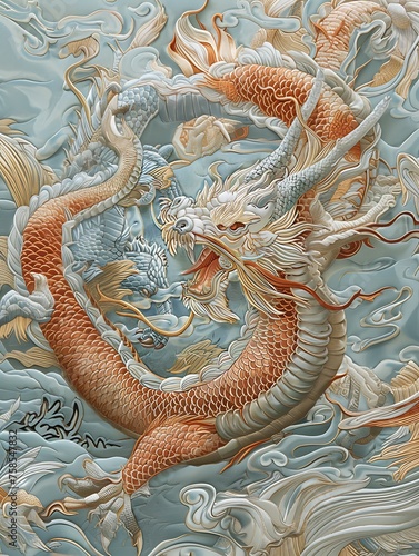 china embroidery pattern  and textile design of Dragon, the auspicious animal in the style of light gold and sky-blue, 