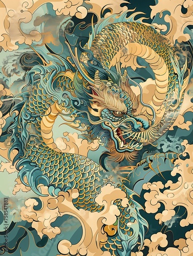 china embroidery pattern  and textile design of Dragon in the style of light gold and sky-blue, 
