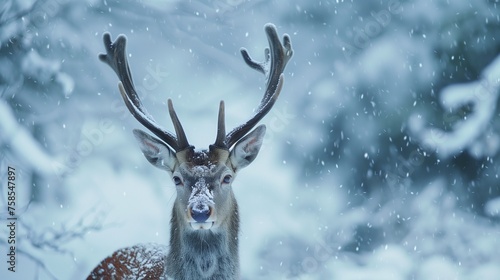 Serene snow-draped woods reveal a noble deer, antlers crowned with snowflakes. HD camera captures the winter elegance in detail.