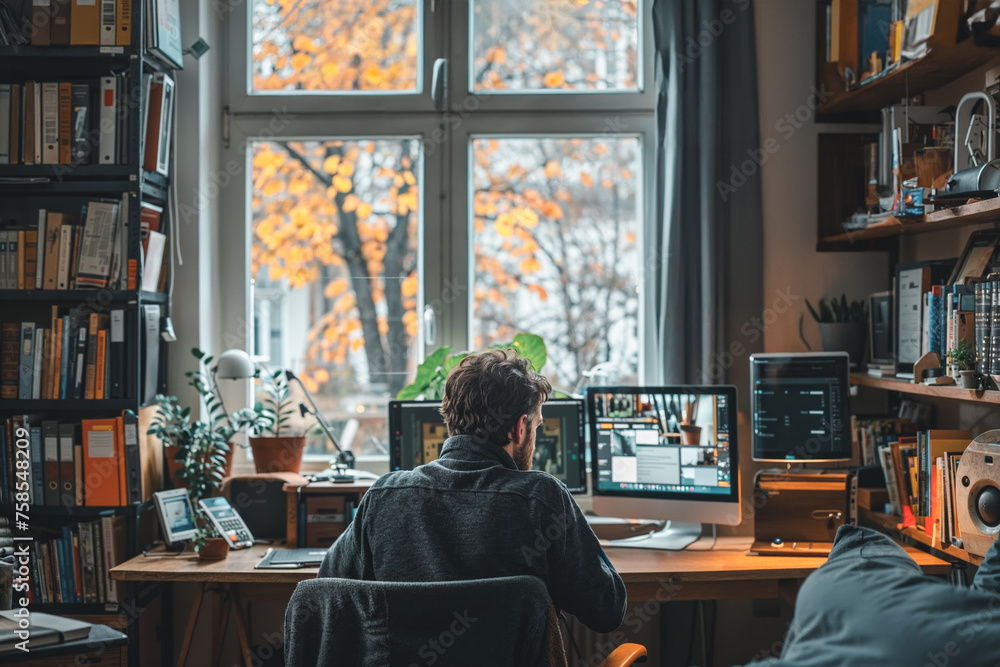 A man sits at a desk working freelance project with computer and multiple monitors in the cozy room workplace. Work from home and freelancer online digital nomad concept. A man sits at a desk working freelance project with computer and multiple monitors in the cozy room workplace. Work from home and freelancer online digital nomad concept.