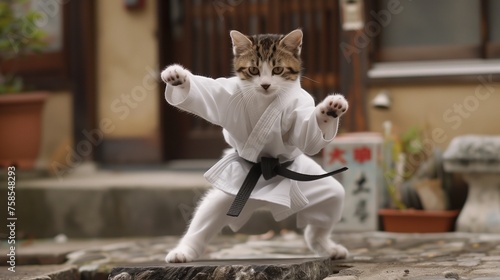 Whiskered warrior dons a karate suit—a feline martial artist in action. HD lens captures the playful prowess of a cat. 