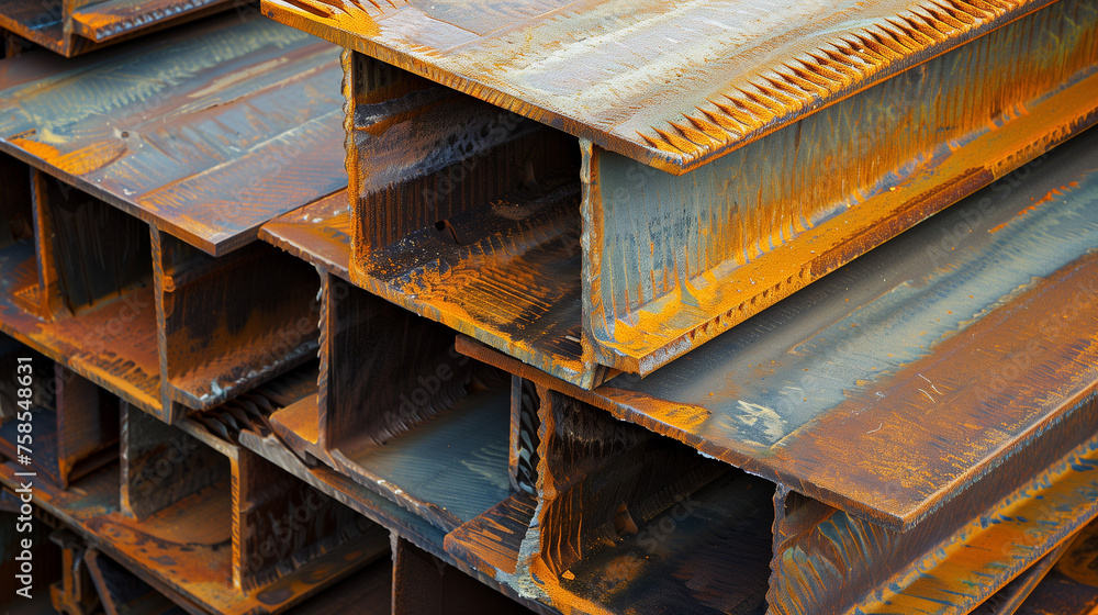A pile of metal beams stacked on top of each other at a construction site A pile of metal beams stacked on top of each other at a construction site