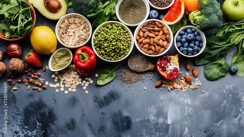 Healthy food clean eating selection. Fruit, vegetable, seeds, superfood, cereal, leaf vegetable on gray concrete background. Top view. Healthy food background and Copy space for text.  photo