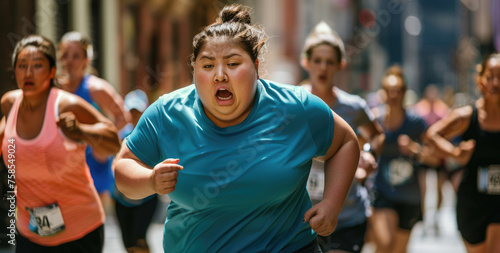 Exaggeratedly fat woman running in a blue t-shirt  front view closeup of her face with a wide open mouth  full body photo  surrounded by other runners