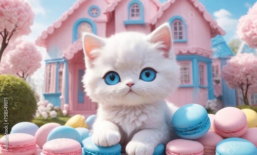cat at the charming little house made of cotton candy, featuring shades of clourful pastel photo