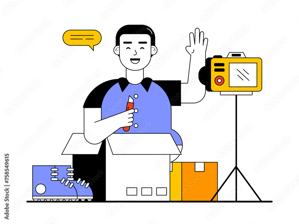 Man doing product unboxing and review. Unboxing vector illustration. Man doing product unboxing and review. Unboxing vector illustration.