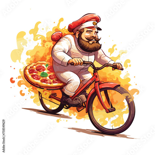 A chef rides a giant pizza bike delivering a steami