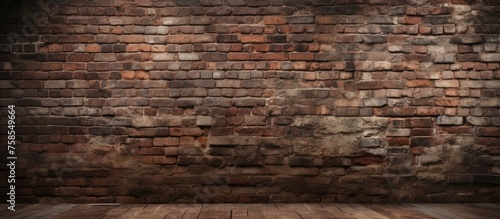 A room featuring a brick wall constructed with brown bricks and a wooden floor, combining building materials like brickwork and wood in a unique pattern