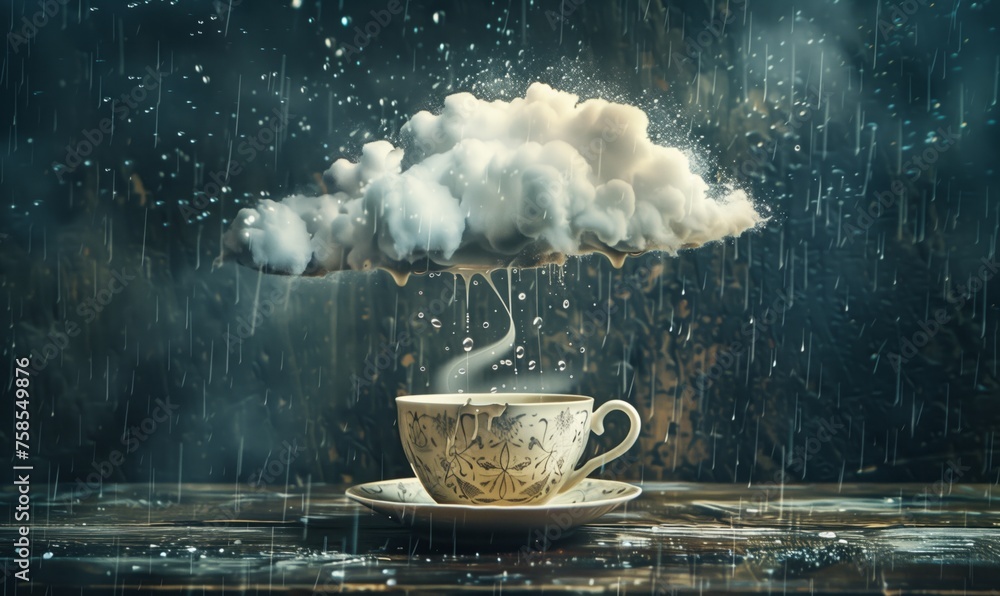 Storm in a Teacup, Bad Mood, Cloud Surrealism, Whimsical Background, Wallpaper, Conceptual Art, Cup of Tea, Storm Cloud, Raining, Bad Weather, Quirky, 3d art, collage, photo collage, vintage, retro - obrazy, fototapety, plakaty 