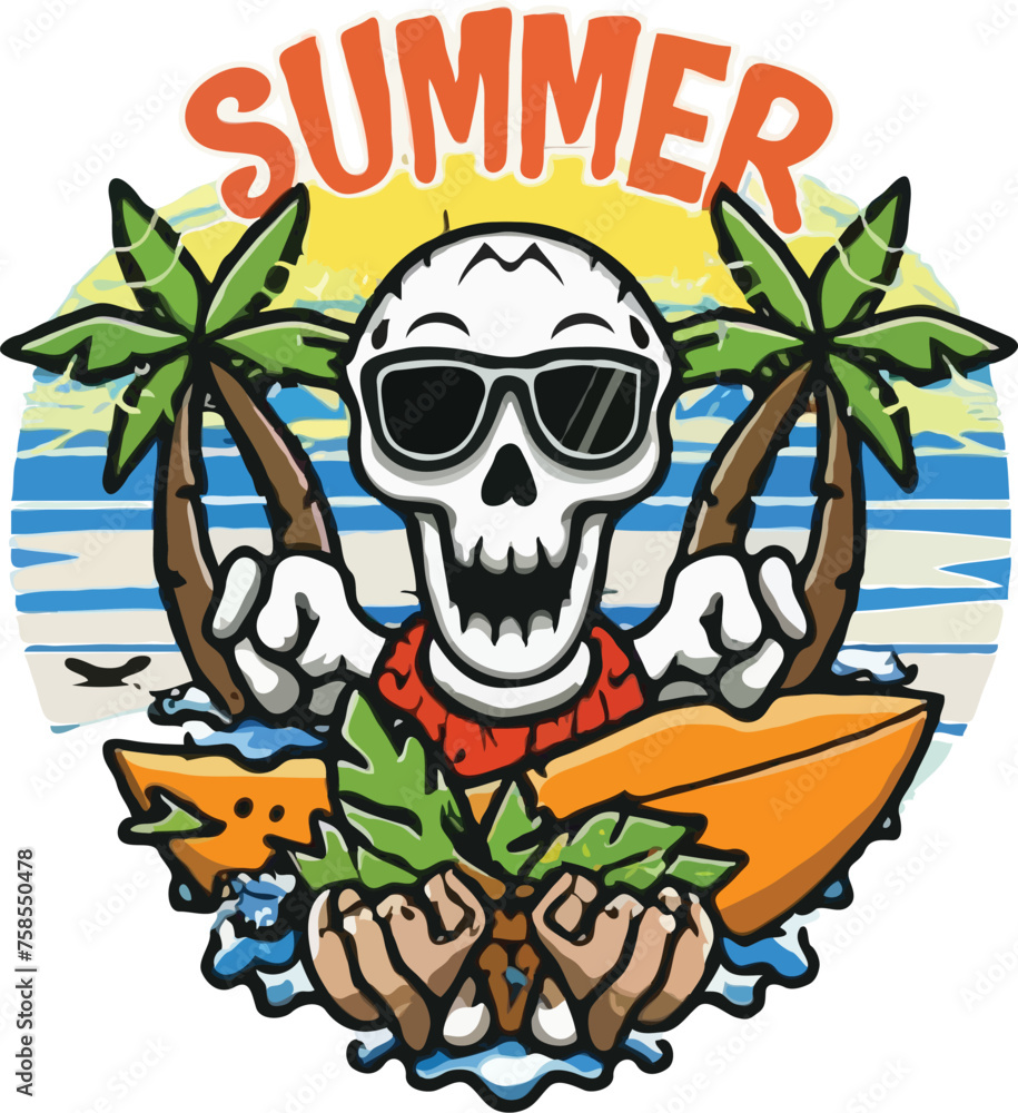 Vibrant, eye-catching t-shirt design for summer. creative hand and cheerful smile skull, holding a surfboard and coconut tree. Vibrant, eye-catching t-shirt design for summer. creative hand and cheerful smile skull, holding a surfboard and coconut tree.