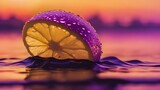 A ripe lemon slice with water droplets floating on water in neon sunset background.  Bright citrus design. Refresh energetic background with slice of lemon, lime, or orange. Citrus fruits wallpaper 