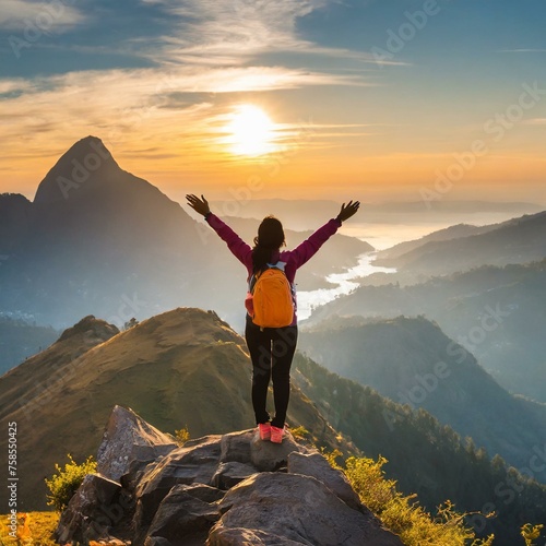 A woman standing on top of a mountain as the sun rises in the background. 