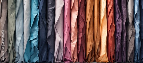 A row of colorful curtains in shades of purple, pink, violet, and magenta hanging on a wooden shelf, adding a touch of fashion design to the window display