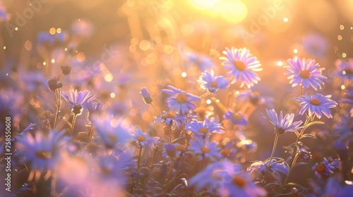 Sunrise Radiance Amidst Lavender and Blue Aster Field. Generative AI. 