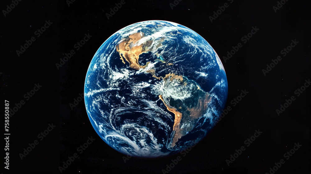 Our planet Earth, with blue oceans and swirling clouds, seen in its full glory from space. Concept of cosmonautics day, earth day. Copy space. - obrazy, fototapety, plakaty 