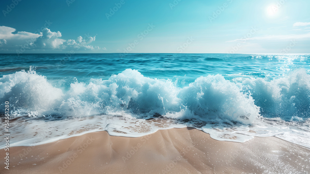 Powerful ocean waves crash onto the sandy shore of a beach in this scene. Copy space, background, backdrop, wallpaper. Powerful ocean waves crash onto the sandy shore of a beach in this scene. Copy space, background, backdrop, wallpaper.