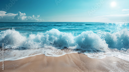 Powerful ocean waves crash onto the sandy shore of a beach in this scene. Copy space, background, backdrop, wallpaper.