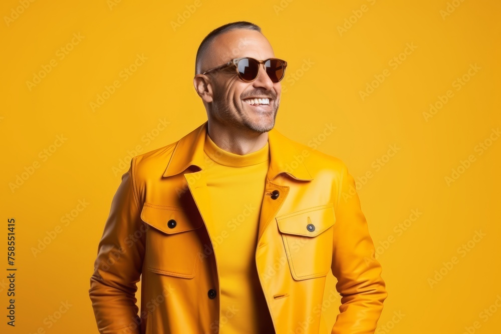 Portrait of a smiling man in yellow jacket and sunglasses on yellow background Portrait of a smiling man in yellow jacket and sunglasses on yellow background