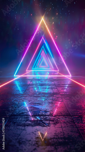 Neon triangle gate leading into a mystical digital realm