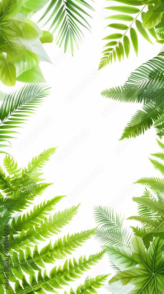 Detailed view of lush green leaves against a clean white backdrop. Frame, copy space.