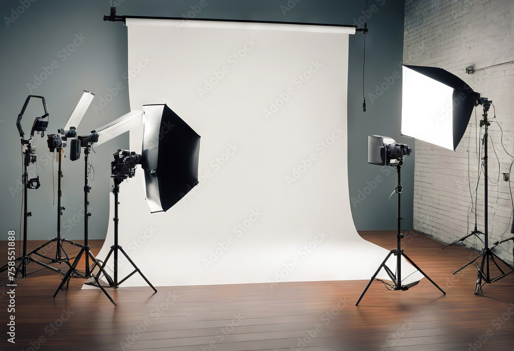 Professional photo studio interior. Photography tripods and racks and paper roll stock illustration