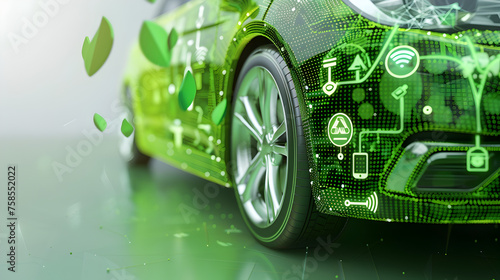  An eco - friendly sports car with a glossy finish, overlaid with a semi - transparent digital speedometer, against a bright green background.